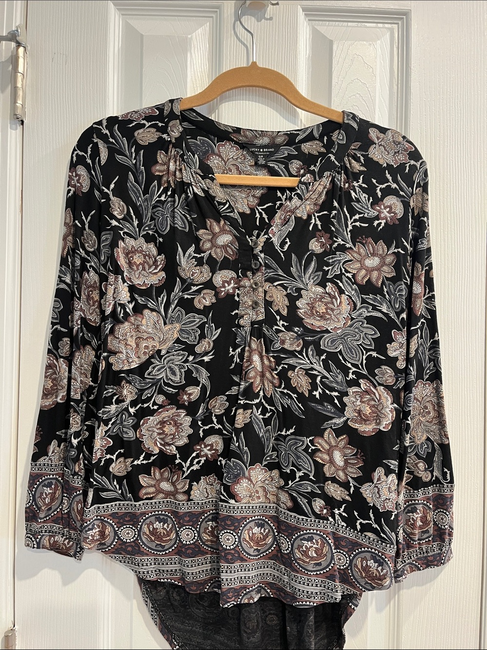 Lucky Brand Black Floral Henley Blouse -